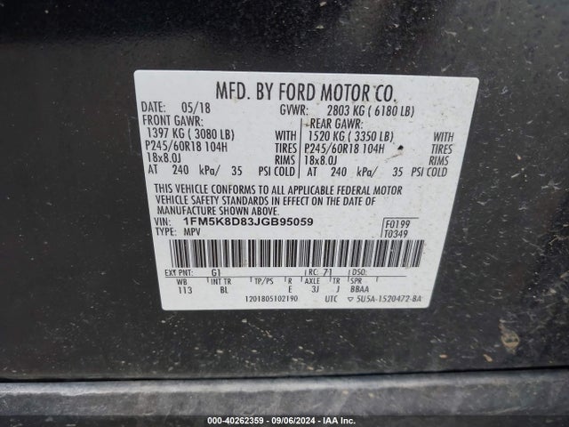 Ford EXPLORER XLT 2018 1FM5K8D83JGB95059 Image 9