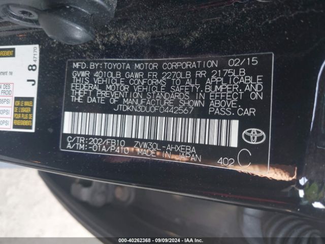 JTDKN3DU0F0442567 Toyota Prius Two