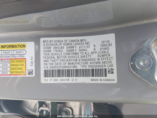 Honda Civic Sport 2024 2HGFE2F50RH557866 Image 9