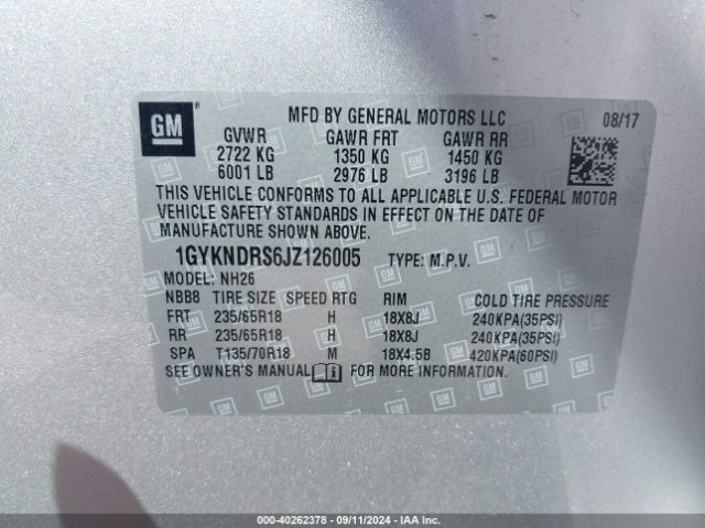 1GYKNDRS6JZ126005 Cadillac XT5 LUXURY