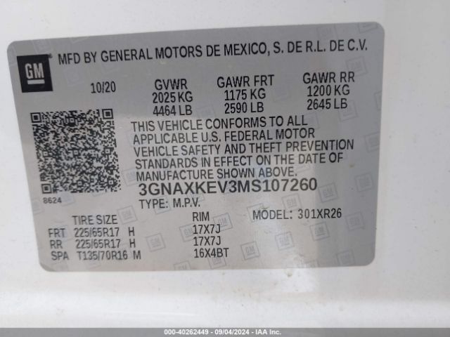 3GNAXKEV3MS107260 Chevrolet Equinox Fwd Lt