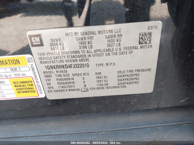 Chevrolet Traverse 2lt 2015 1GNKRHKD4FJ322910 Image 9