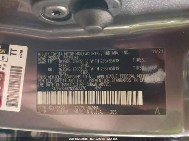 5TDGZRBH2NS562370 Toyota Highlander Xle