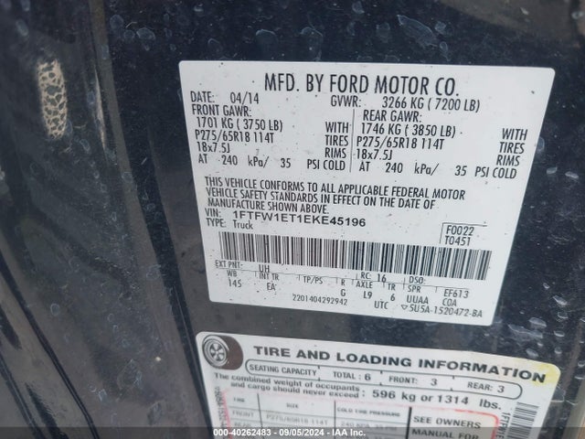 Ford F-150 Lariat 2014 1FTFW1ET1EKE45196 Image 9