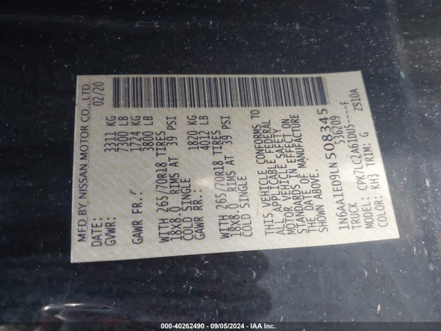 Nissan Titan Sv 4x4 2020 1N6AA1ED9LN508345 Image 9