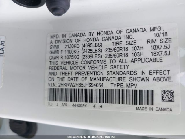 2HKRW2H85JH694054 Honda Cr-v Ex-l/ex-l Navi