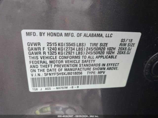 5FNYF5H9XJB018056 Honda Pilot Touring