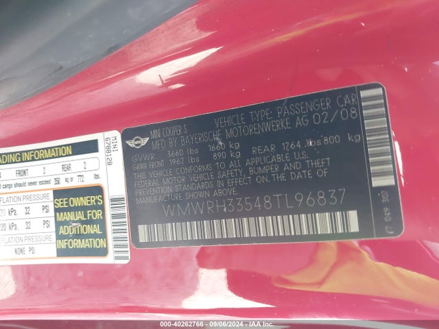 2008 MINI COOPER S WMWRH33548TL96837 Photo 8