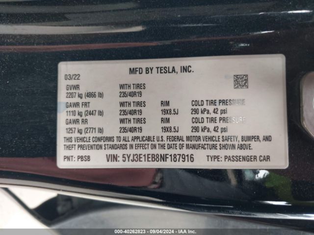 2022 TESLA MODEL 3 5YJ3E1EB8NF187916 Photo 8