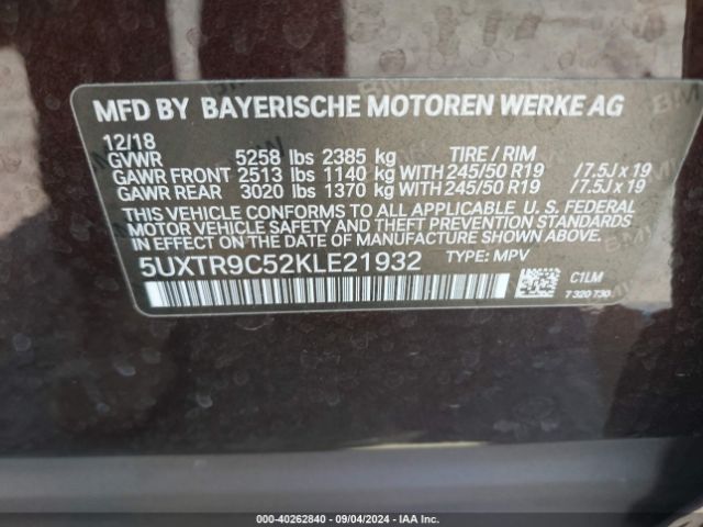 5UXTR9C52KLE21932 BMW X3 Xdrive30i