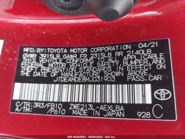 JTDEAMDE8MJ031903 Toyota Corolla Hybrid Le