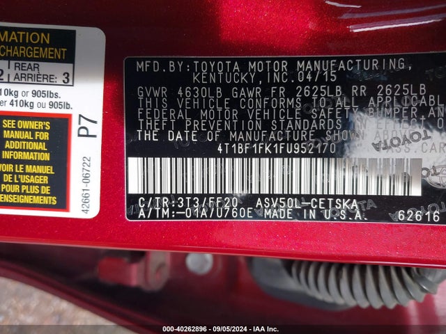 Toyota CAMRY SE 2015 4T1BF1FK1FU952170 Image 9