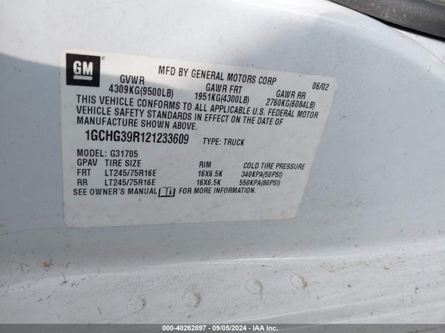 2002 Chevrolet Express Cargo Van მანქანა იყიდება აუქციონზე, vin: 1GCHG39R121233609, აუქციონის ნომერი: 40262897