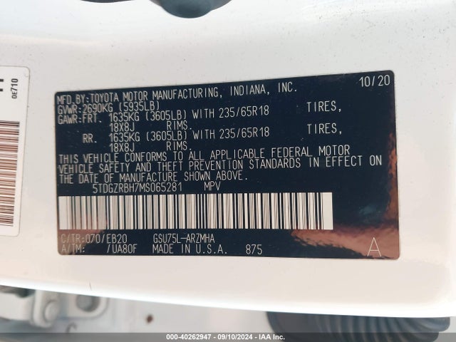 5TDGZRBH7MS065281 Toyota Highlander Xle