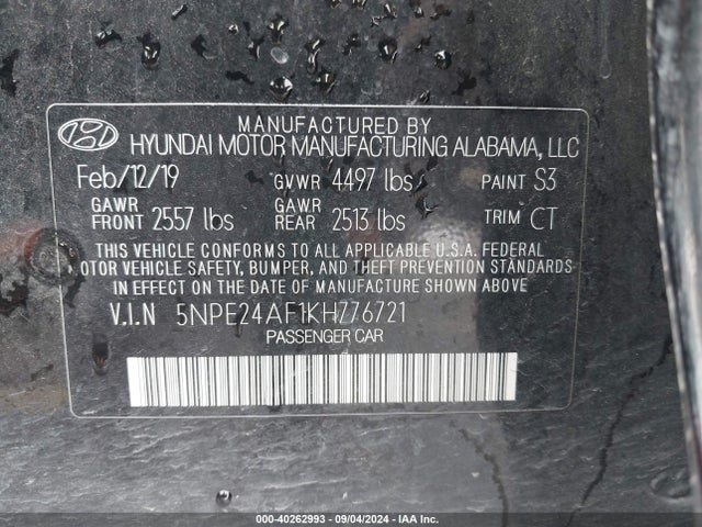 Hyundai SONATA SE 2019 5NPE24AF1KH776721 Image 9