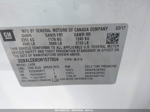Chevrolet EQUINOX LT 2017 2GNALCEK5H1577654 Image 9