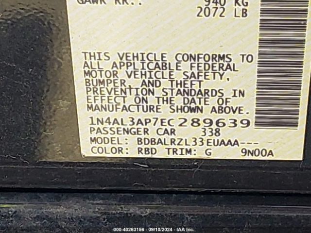 1N4AL3AP7EC289639 Nissan Altima 2.5/2.5 S/2.5 Sl/2.5 Sv