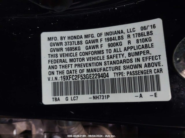 Honda Civic Lx 2016 19XFC2F53GE229404 Image 9