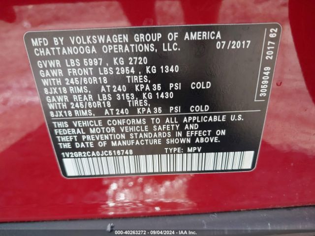 1V2GR2CA0JC516748 Volkswagen Atlas 3.6l V6 S