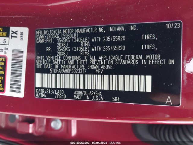 5TDFARAH0PS023317 Toyota Highlander Hybrid Platinum