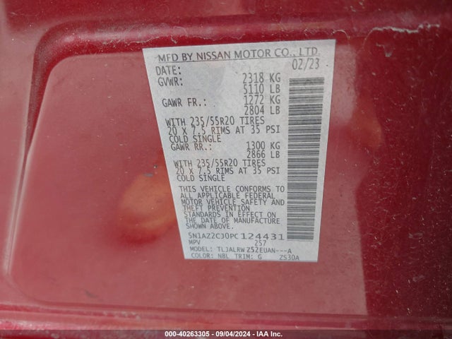 5N1AZ2CJ0PC124431 Nissan Murano Sl Fwd