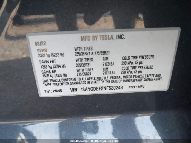 7SAYGDEF2NF530243 Tesla Model Y Performance Dual Motor All-wheel Drive