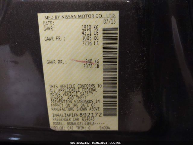 1N4AL3AP1FN892172 Nissan Altima 2.5/2.5 S/2.5 Sl/2.5 Sv