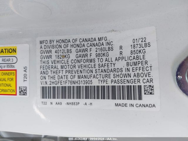 2HGFE1F76NH313905 Honda CIVIC EX
