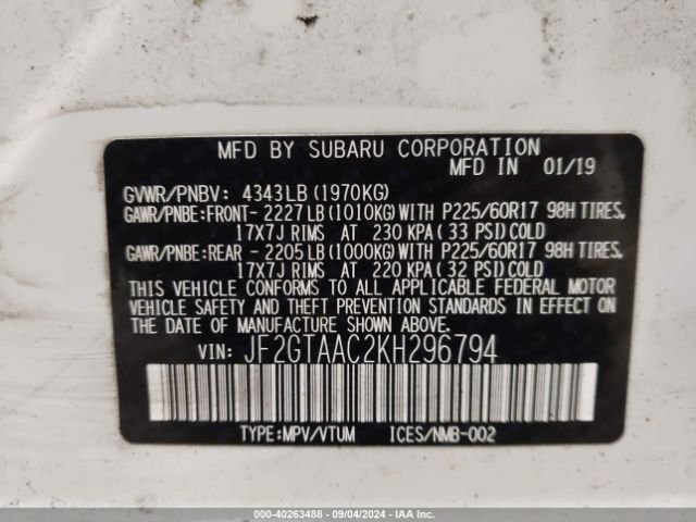 JF2GTAAC2KH296794 Subaru Crosstrek 2.0i