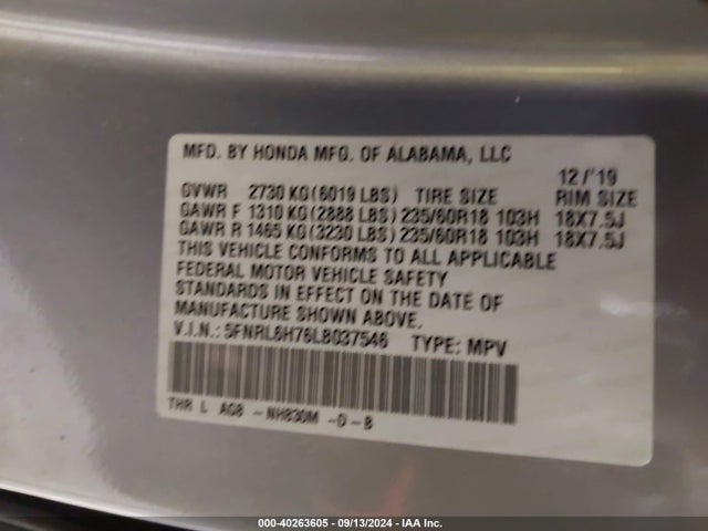 Honda Odyssey 2020 5FNRL6H76LB037546 Image 9