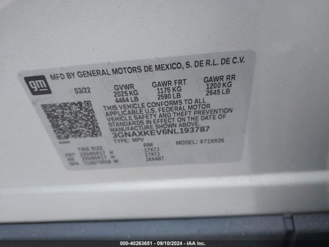 3GNAXKEV6NL193787 Chevrolet Equinox Fwd Lt