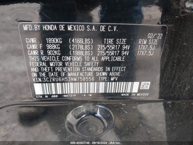 3CZRU6H53NM758556 Honda Hr-v Awd Ex