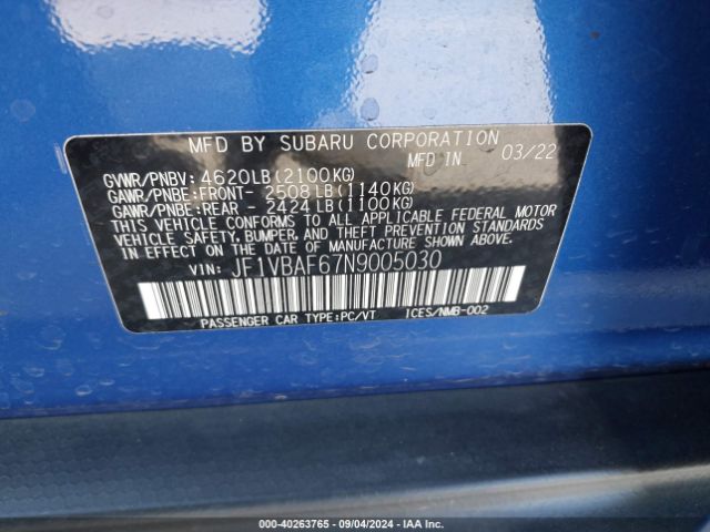 JF1VBAF67N9005030 Subaru Wrx Premium