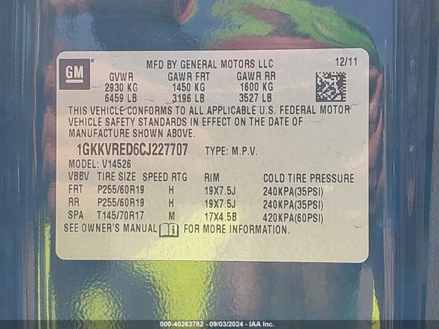 Продаж на аукціоні авто 2012 Gmc Acadia Slt-1, vin: 1GKKVRED6CJ227707, номер лоту: 40263782