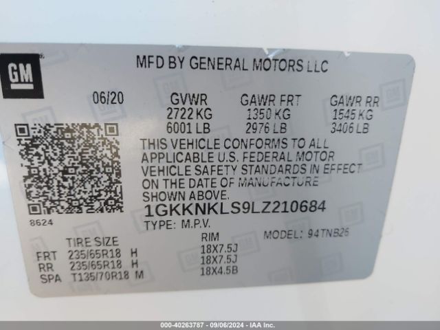 1GKKNKLS9LZ210684 GMC Acadia Fwd Sle