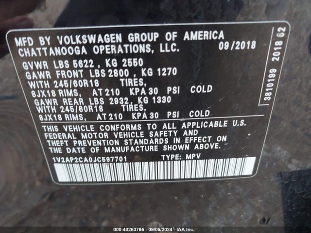 1V2AP2CA0JC597701 Volkswagen Atlas 2.0t S