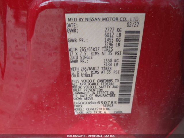 1N6ED1EK9NN650785 Nissan Frontier Sv 4x4
