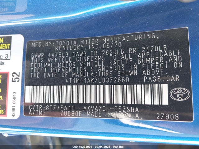 Toyota CAMRY SE 2020 4T1M11AK7LU372660 Image 9