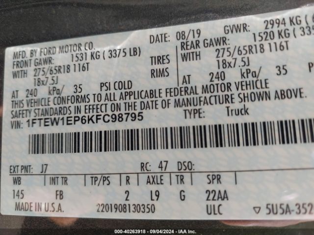 1FTEW1EP6KFC98795 Ford F-150 Xlt