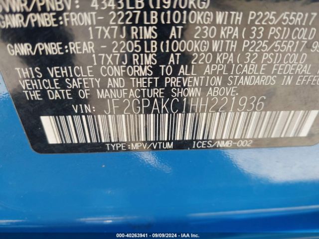 JF2GPAKC1HH221936 Subaru Crosstrek 2.0i Limited