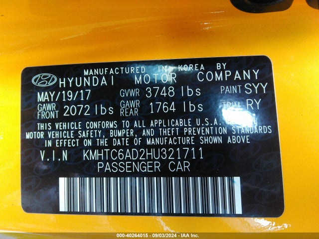 Hyundai Veloster Value Edition 2017 KMHTC6AD2HU321711 Image 9