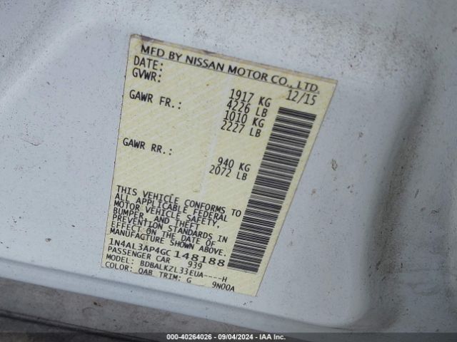 1N4AL3AP4GC148188 Nissan Altima 2.5 Sv