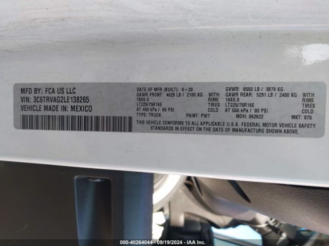 3C6TRVAG2LE138265 RAM Promaster 1500 Low Roof 136 Wb