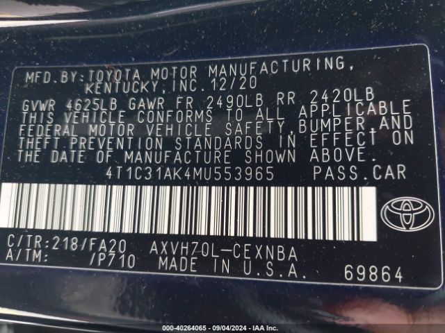 4T1C31AK4MU553965 Toyota Camry Le Hybrid