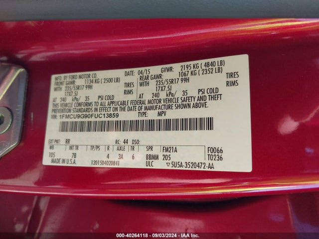 Ford ESCAPE SE 2015 1FMCU9G90FUC13859 Image 9
