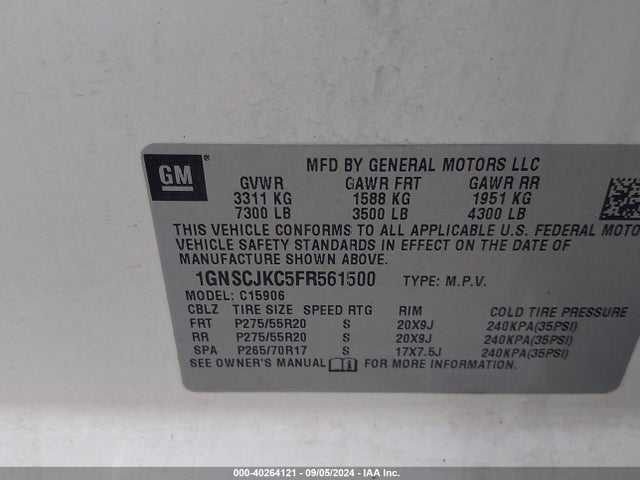 Chevrolet Suburban 1500 Lt 2015 1GNSCJKC5FR561500 Image 9