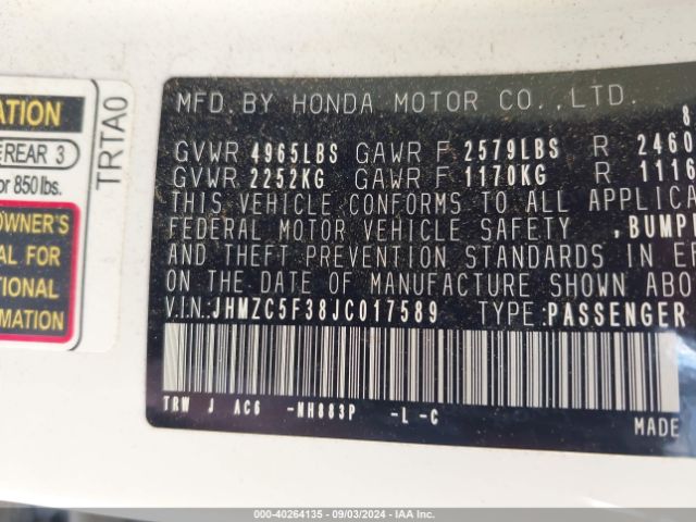 JHMZC5F38JC017589 Honda Clarity Plug-in Hybrid Touring