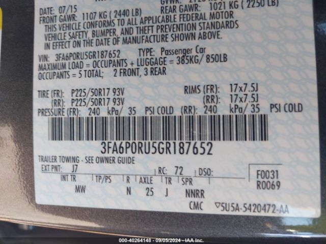 3FA6P0RU5GR187652 Ford Fusion Hybrid Titanium