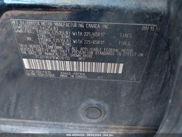 Toyota RAV4 LE 2015 2T3ZFREV1FW226132 Image 9