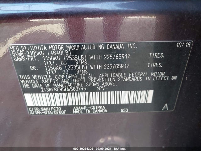 Toyota Rav4 Xle 2017 2T3RFREV5HW563745 Image 9